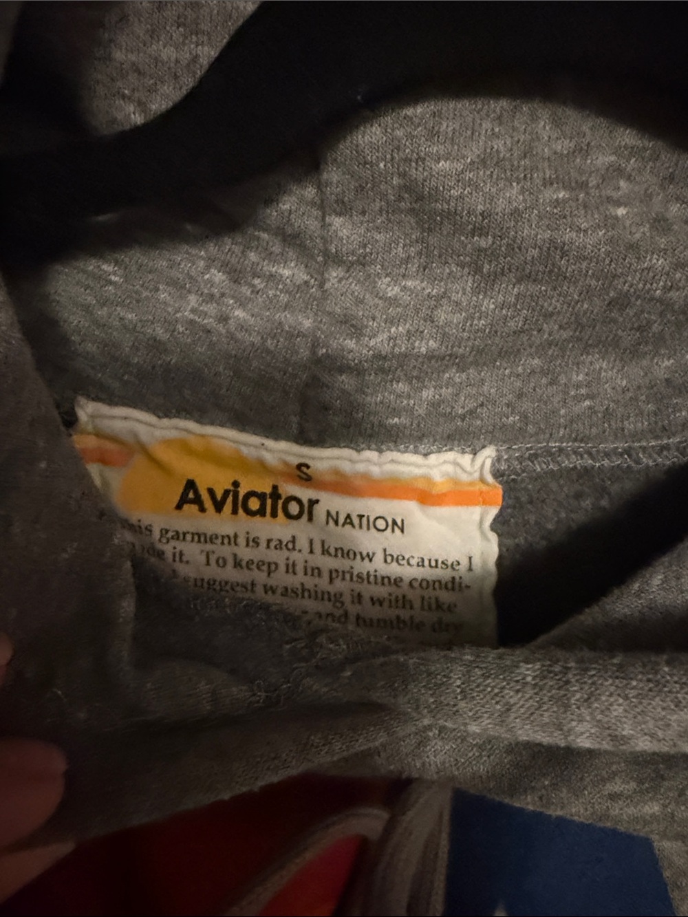 Aviator Nation Gray Hoodie with Retro Red-Orange-Yellow Stripe and Blue Logo - Picture 3 of 3